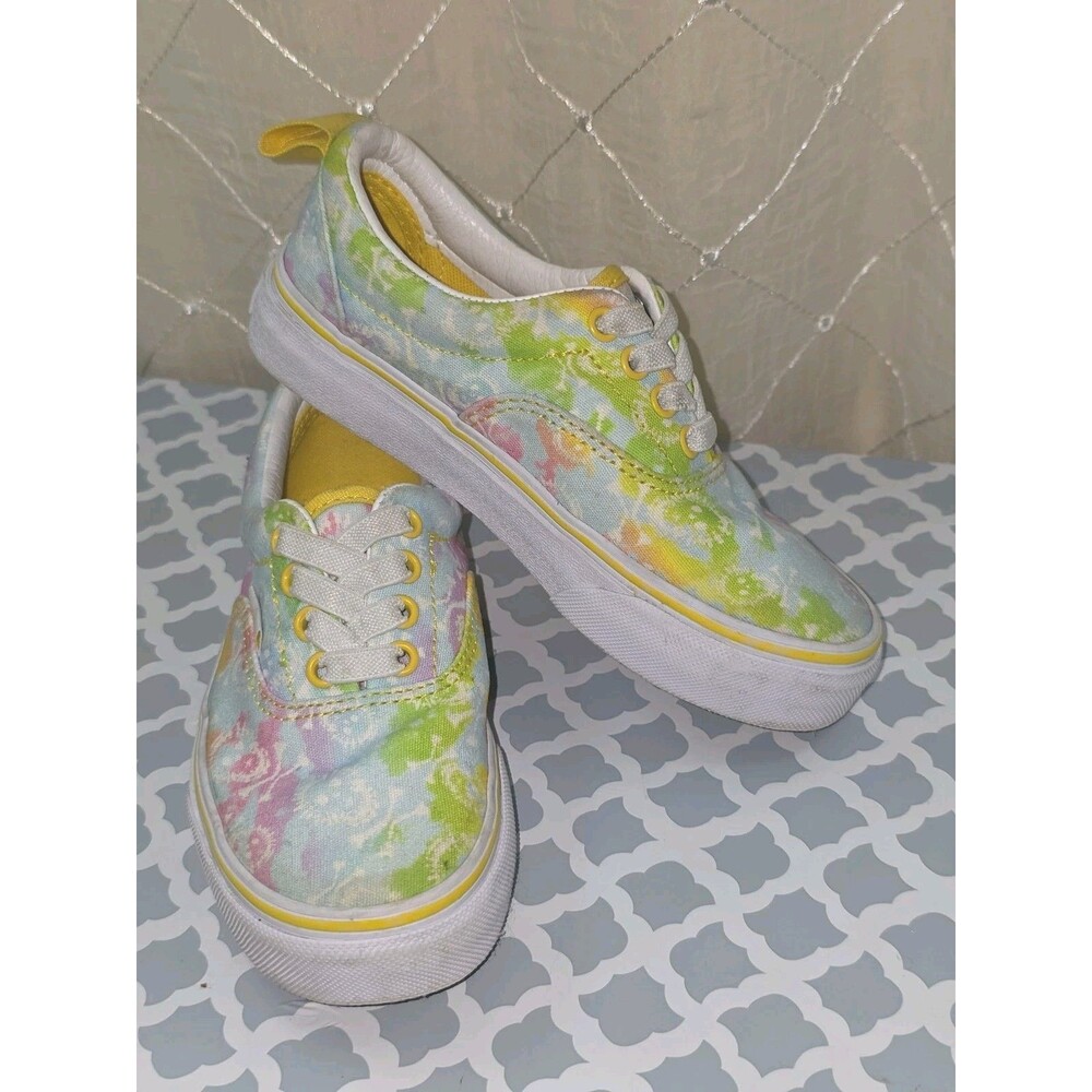 VANS Era Kid Girl Sz 12.5 Shoes Elastic Lace Tie Dye Skulls Cyber Tie Dye Yellow